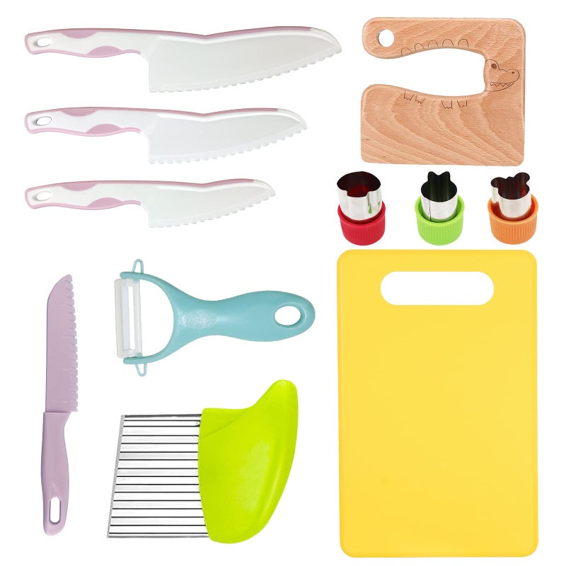 RISICULIS 11 Pieces Wooden Kids Kitchen Knife  Pink Kids Knife Set Include Wood Kids Knife  Serrated Edges Plastic Toddler Knife  Crinkle Cutter  Sandwich Cutter  Y Peeler  Cutting Board - Image 1